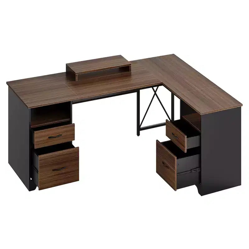 Bestier Bureau d'angle 160 cm avec 4 tiroirs, bureau de direction avec support de moniteur et tiroirs de classement pour bureau à domicile