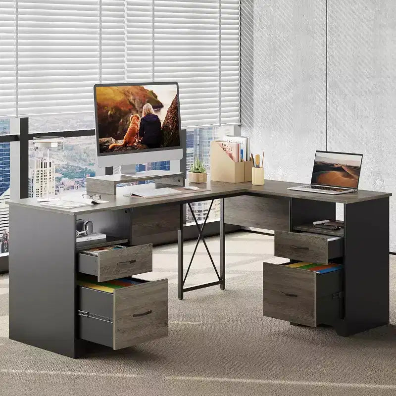 Bestier Bureau d'angle 160 cm avec 4 tiroirs, bureau de direction avec support de moniteur et tiroirs de classement pour bureau à domicile