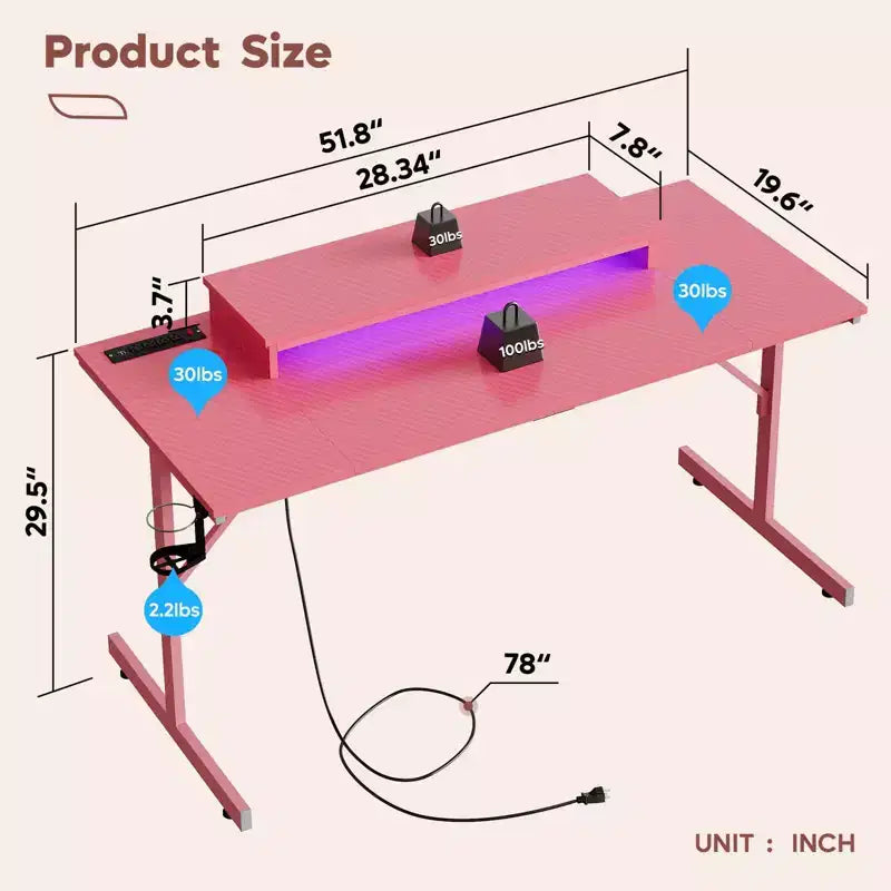 Bestier 52 inch Gaming Desk with Power Strip and LED Monitor Stand for Home Office