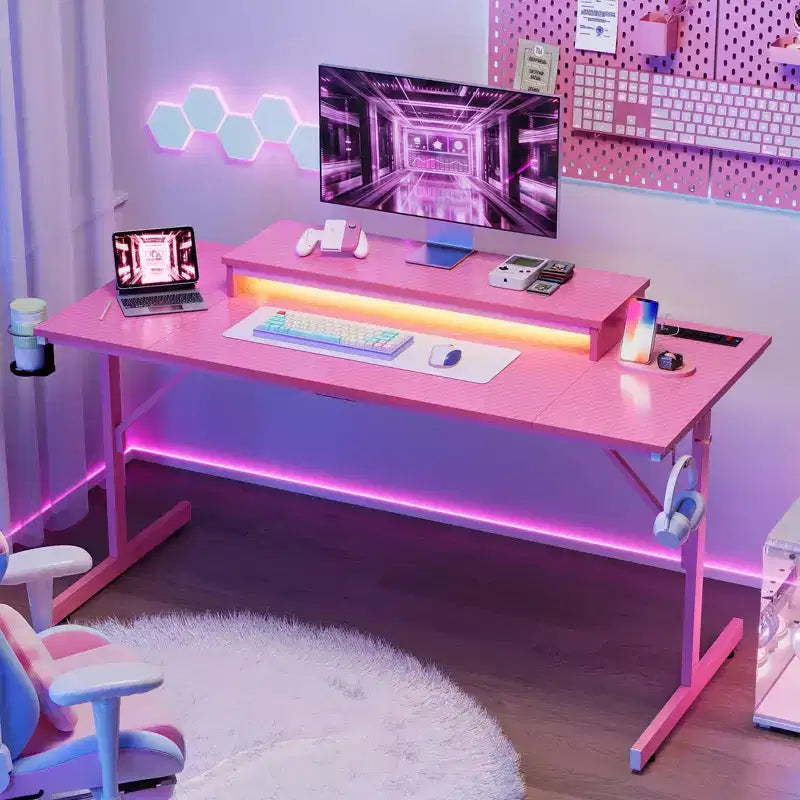 Bestier 52 inch Gaming Desk with Power Strip and LED Monitor Stand for Home Office