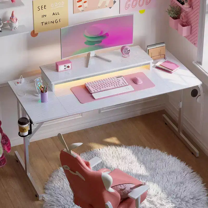 Bestier 52 inch Gaming Desk with Power Strip and LED Monitor Stand for Home Office