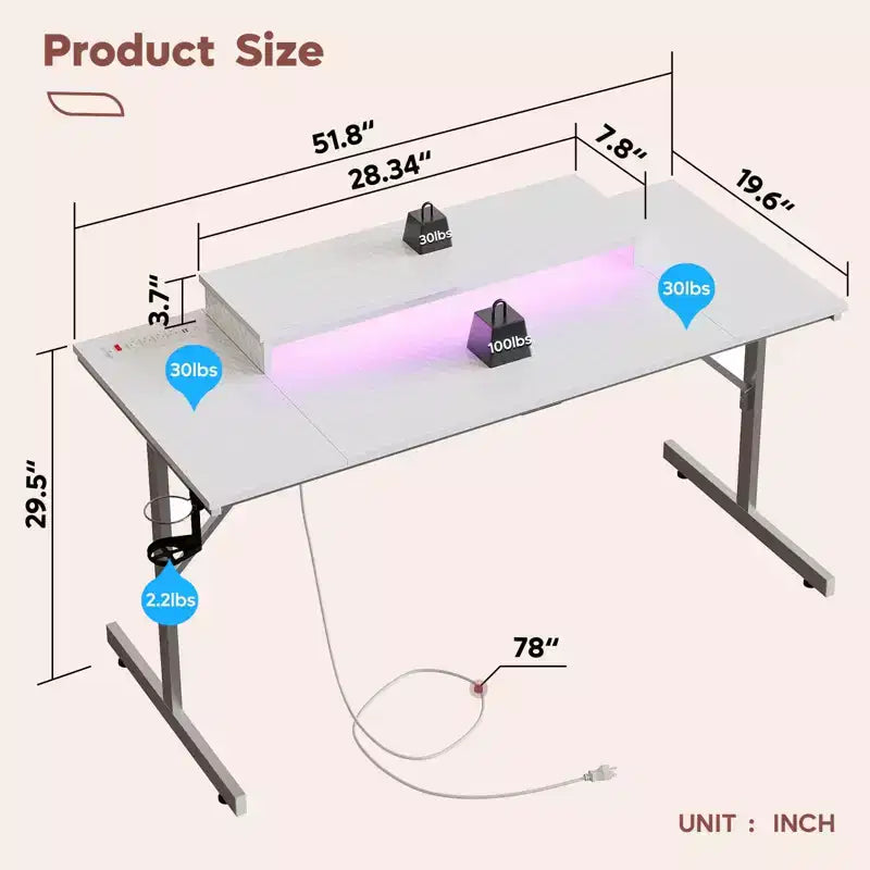 Bestier 52 inch Gaming Desk with Power Strip and LED Monitor Stand for Home Office