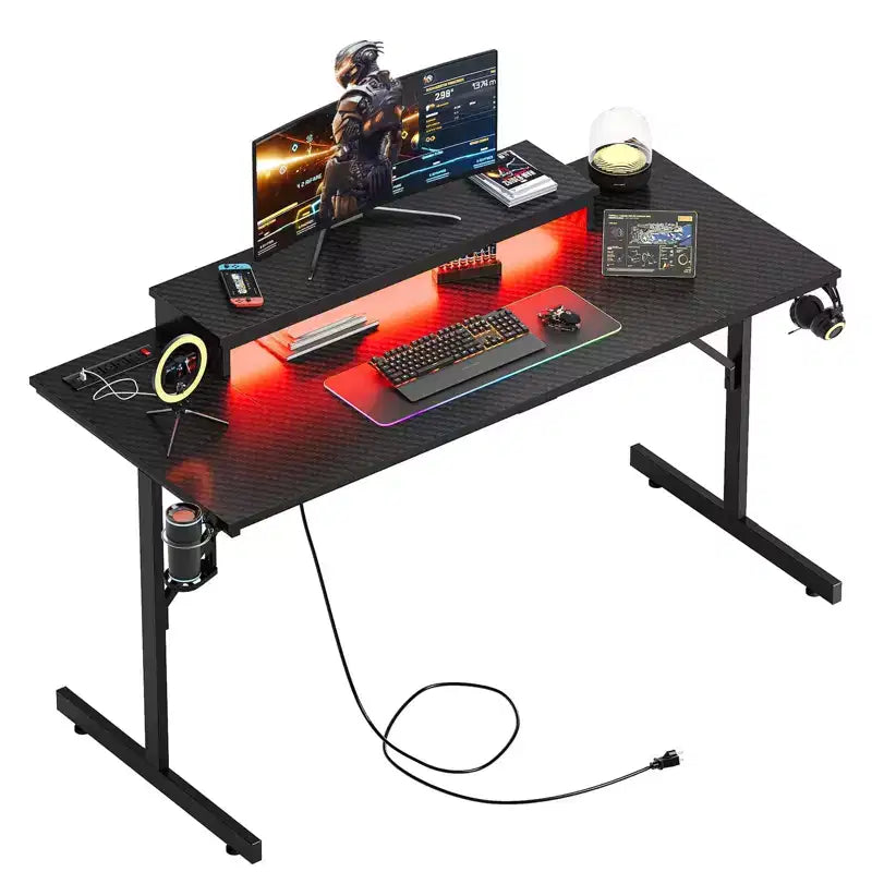Bestier 52 inch Gaming Desk with Power Strip and LED Monitor Stand for Home Office