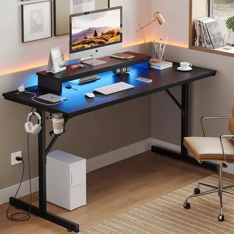 Bestier 52 inch Gaming Desk with Power Strip and LED Monitor Stand for Home Office