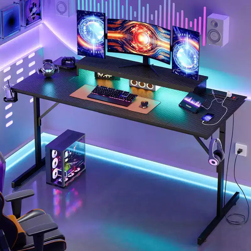 Bestier 52 inch Gaming Desk with Power Strip and LED Monitor Stand for Home Office