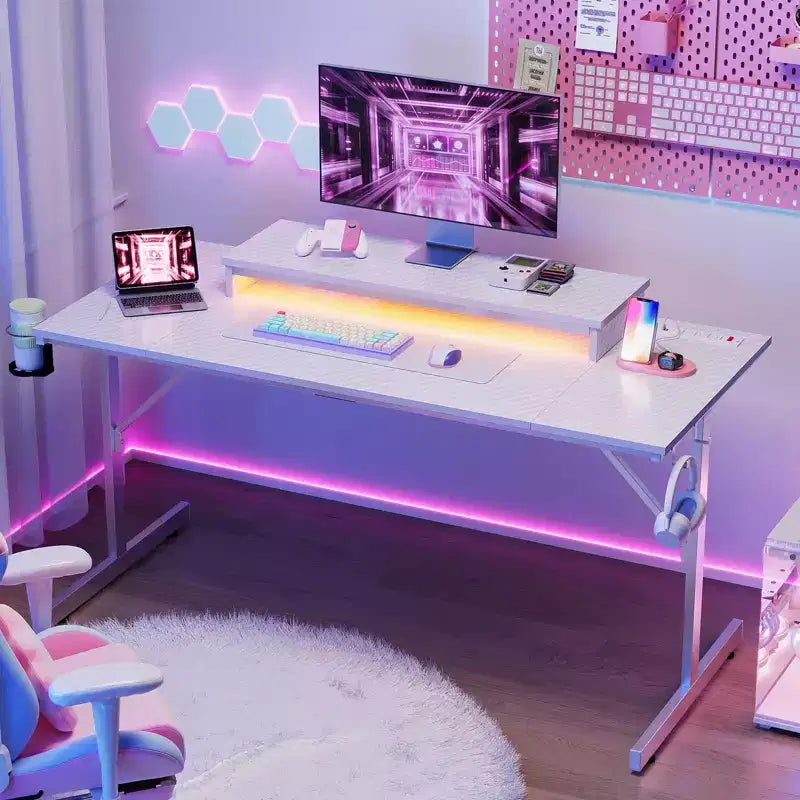 Bestier 52 inch Gaming Desk with Power Strip and LED Monitor Stand for Home Office