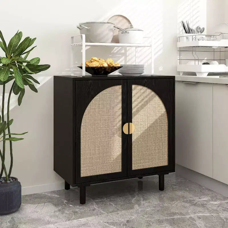 Meuble de rangement en rotin Vatros pour salon, 4 portes, noir