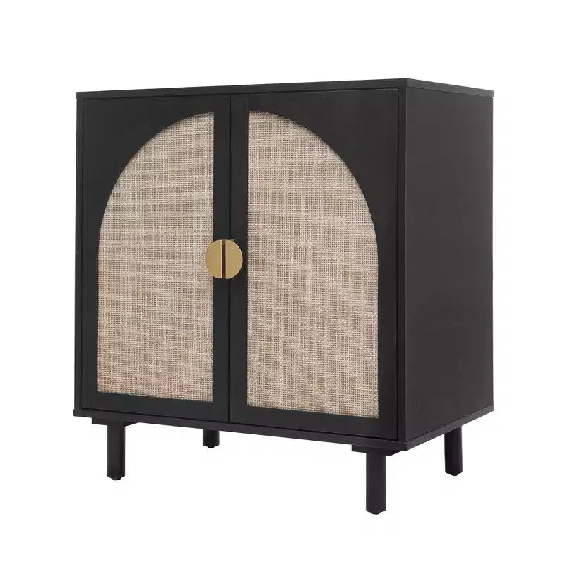 Meuble de rangement en rotin Vatros pour salon, 4 portes, noir