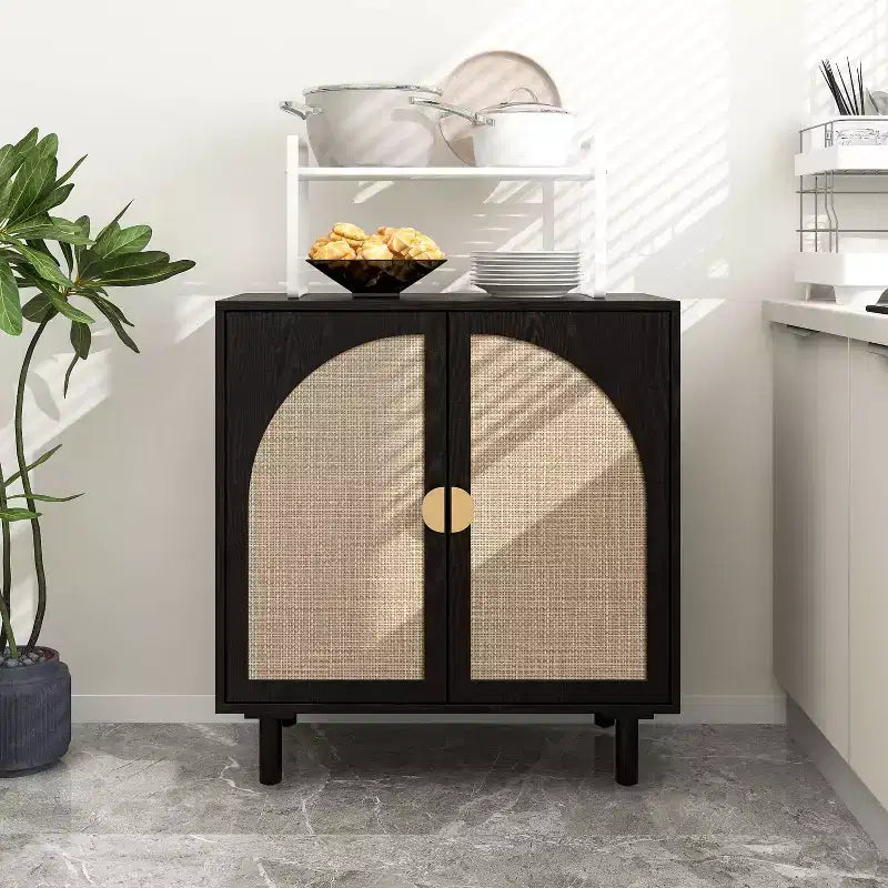 Vatros Rattan Cabinet Storange Cabinet for Living Room, 4 Door, Black