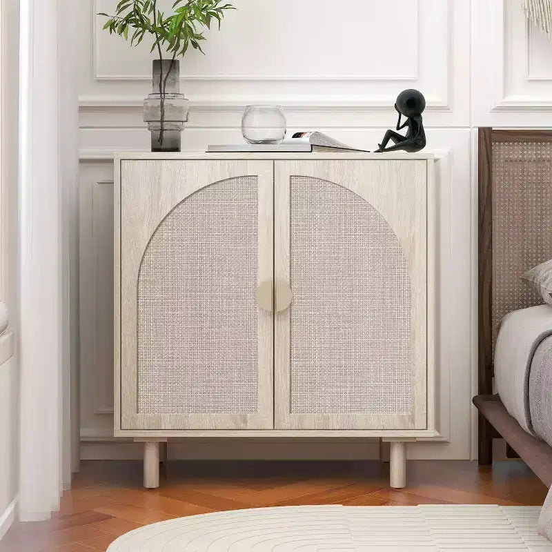 Meuble de rangement en rotin Vatros pour salon, 4 portes, noir