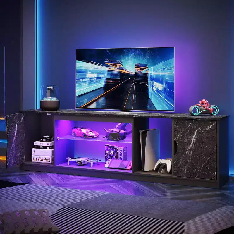 Bestier 70 TV Stand for up to 75 inch TV, LED Gaming Entertainment Center with Storage Cabinet, Media Console with Adjustable Tempered Glass Shelf