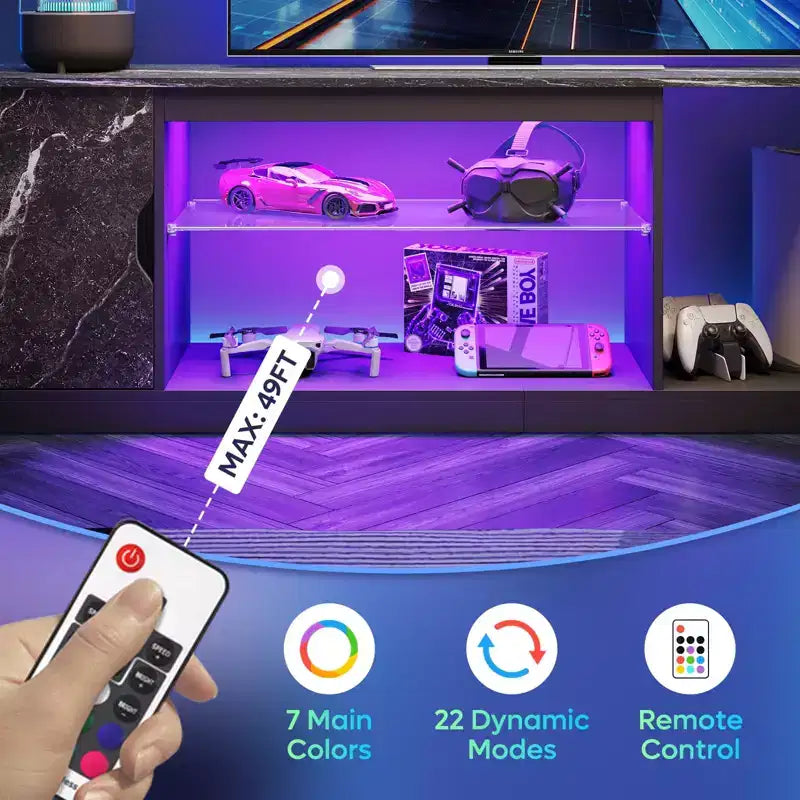 Bestier 70 TV Stand for up to 75 inch TV, LED Gaming Entertainment Center with Storage Cabinet, Media Console with Adjustable Tempered Glass Shelf