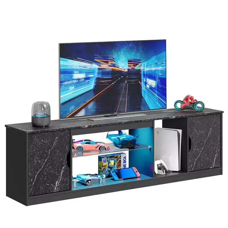 Bestier 70 TV Stand for up to 75 inch TV, LED Gaming Entertainment Center with Storage Cabinet, Media Console with Adjustable Tempered Glass Shelf
