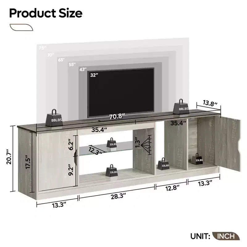 Bestier 70 TV Stand for up to 75 inch TV, LED Gaming Entertainment Center with Storage Cabinet, Media Console with Adjustable Tempered Glass Shelf