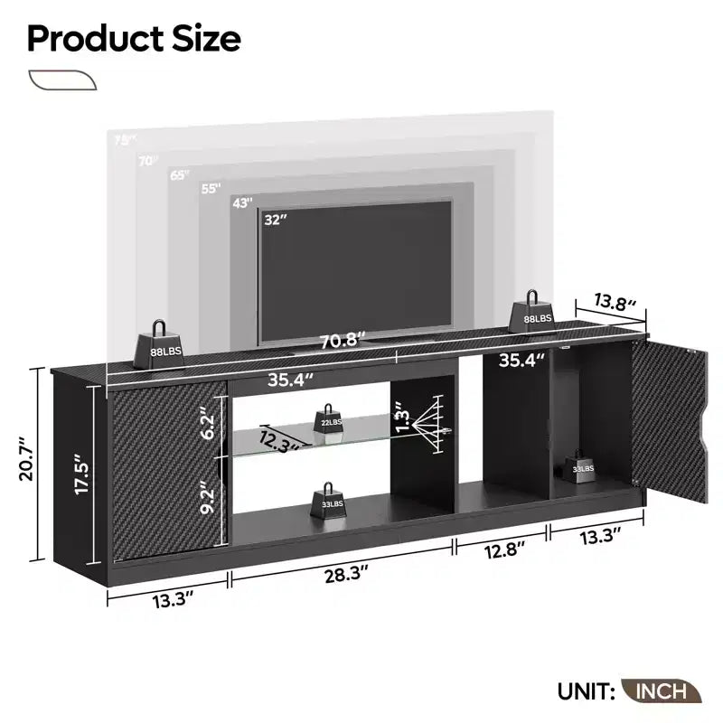 Bestier 70 TV Stand for up to 75 inch TV, LED Gaming Entertainment Center with Storage Cabinet, Media Console with Adjustable Tempered Glass Shelf