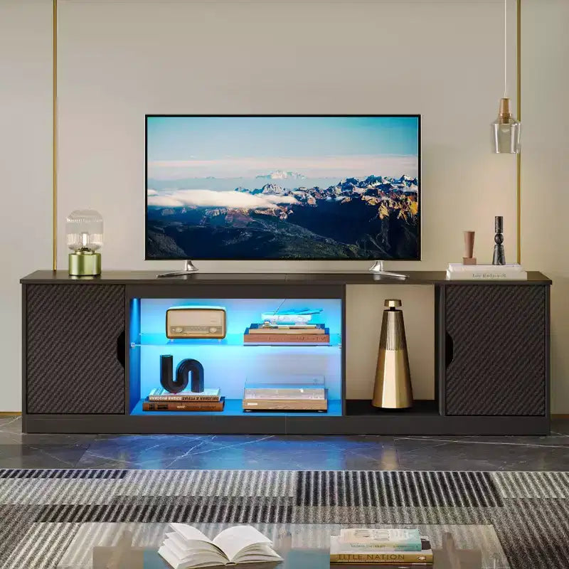 Bestier 70 TV Stand for up to 75 inch TV, LED Gaming Entertainment Center with Storage Cabinet, Media Console with Adjustable Tempered Glass Shelf