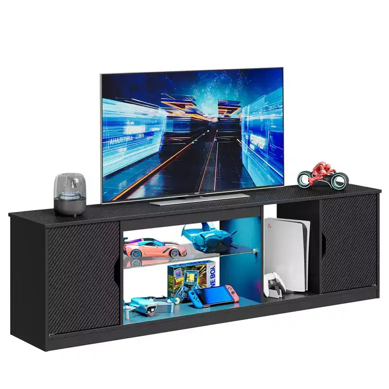 Bestier 70 TV Stand for up to 75 inch TV, LED Gaming Entertainment Center with Storage Cabinet, Media Console with Adjustable Tempered Glass Shelf