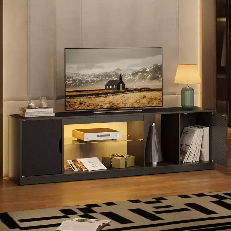 Bestier 70 TV Stand for up to 75 inch TV, LED Gaming Entertainment Center with Storage Cabinet, Media Console with Adjustable Tempered Glass Shelf