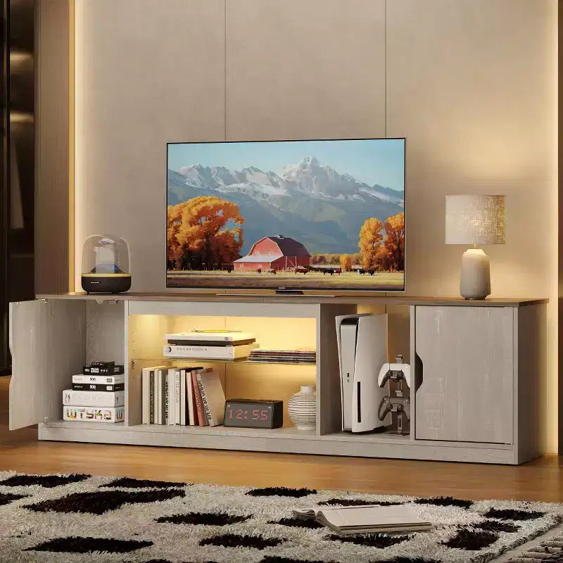 Bestier 70 TV Stand for up to 75 inch TV, LED Gaming Entertainment Center with Storage Cabinet, Media Console with Adjustable Tempered Glass Shelf