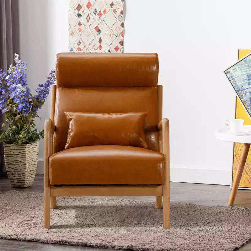 Fauteuil d'appoint Bestier Mid-Century avec cadre en bois, fauteuil de salon rembourré avec coussin et coussin lombaire, fauteuil de lecture pour chambre à coucher ou véranda