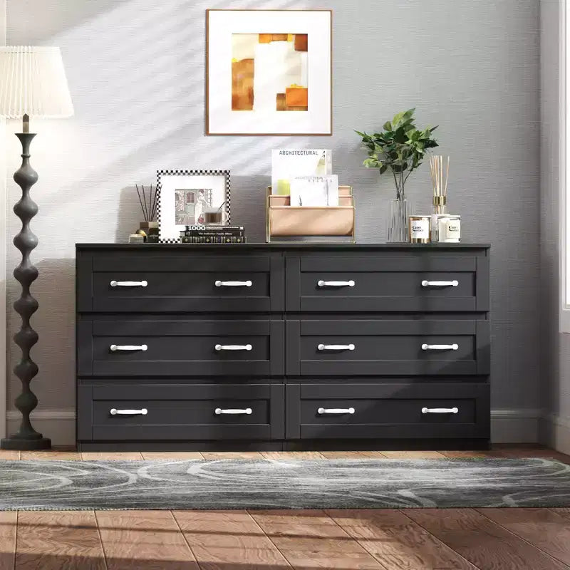 CLIHOME Commode de rangement latérale moderne à 6 tiroirs avec poignée en métal, Organisateur de rangement avec commode en bois