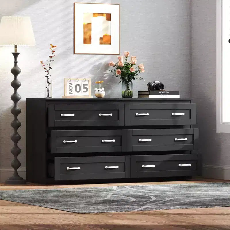CLIHOME Commode de rangement latérale moderne à 6 tiroirs avec poignée en métal, Organisateur de rangement avec commode en bois
