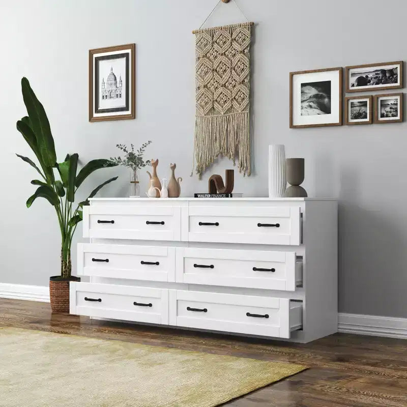 CLIHOME Commode de rangement latérale moderne à 6 tiroirs avec poignée en métal, Organisateur de rangement avec commode en bois