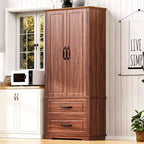 71H Farmhouse Kitchen Pantry Cabinet Cupboard with 2 Drawers, 8 Door Shelves & 3 Adjustable Shelves for Kitchen/Dining Room, Brown/White - ModernLuxe