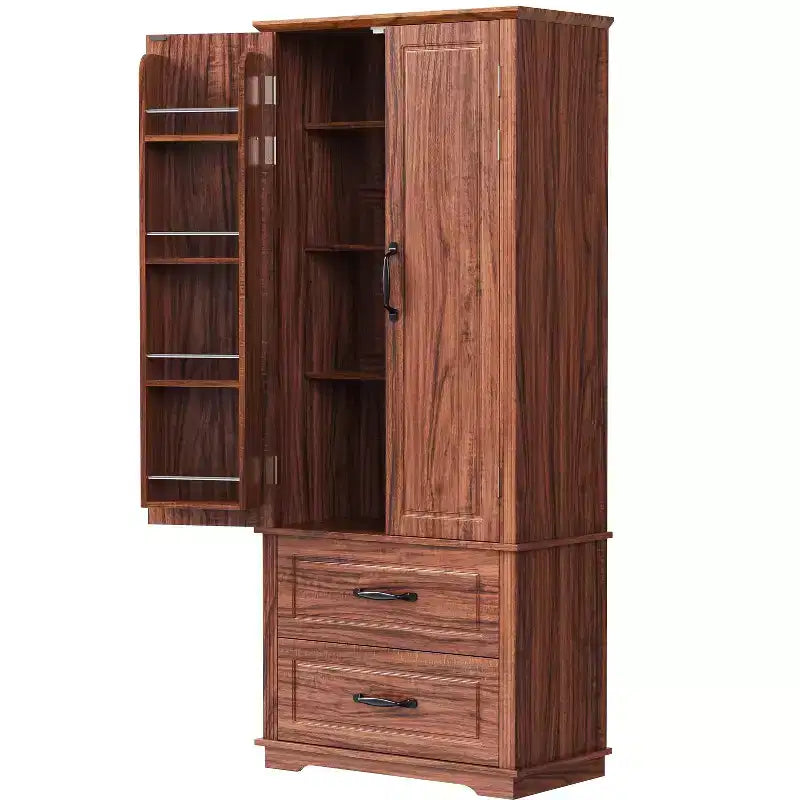 Garde-manger de cuisine de ferme 71H avec 2 tiroirs, 8 étagères de porte et 3 étagères réglables pour cuisine/salle à manger, marron/blanc - ModernLuxe