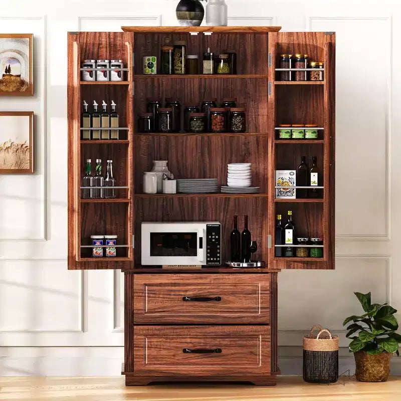 Garde-manger de cuisine de ferme 71H avec 2 tiroirs, 8 étagères de porte et 3 étagères réglables pour cuisine/salle à manger, marron/blanc - ModernLuxe