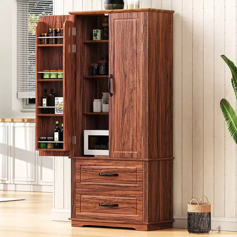 Garde-manger de cuisine de ferme 71H avec 2 tiroirs, 8 étagères de porte et 3 étagères réglables pour cuisine/salle à manger, marron/blanc - ModernLuxe