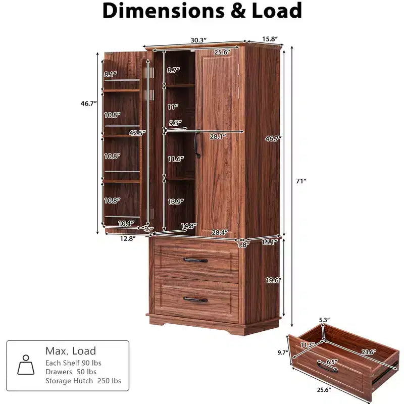 Garde-manger de cuisine de ferme 71H avec 2 tiroirs, 8 étagères de porte et 3 étagères réglables pour cuisine/salle à manger, marron/blanc - ModernLuxe