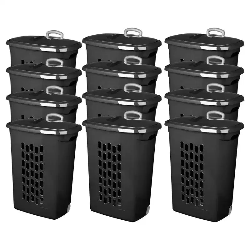 Sterilite Ultra Wheeled Laundry Hamper, Plastic Clothes Bin, Black, 12 Pack