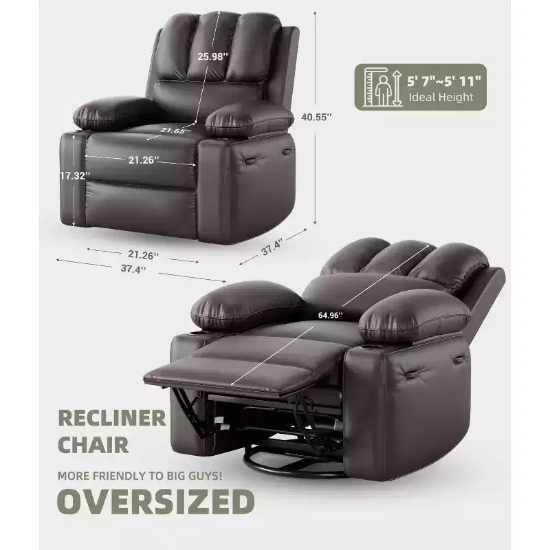 Fauteuil inclinable pivotant à 360° avec chauffage et massage, fauteuil à bascule surdimensionné pour adultes, fauteuil inclinable manuel avec porte-gobelet, pour salon, chambre à coucher, chambre d'enfant