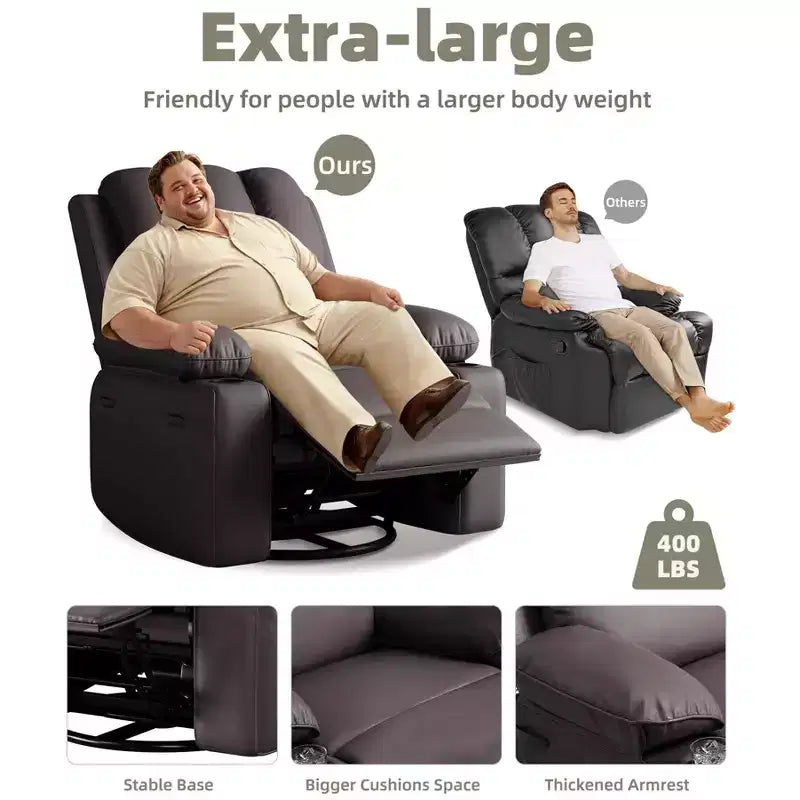 Fauteuil inclinable pivotant à 360° avec chauffage et massage, fauteuil à bascule surdimensionné pour adultes, fauteuil inclinable manuel avec porte-gobelet, pour salon, chambre à coucher, chambre d'enfant
