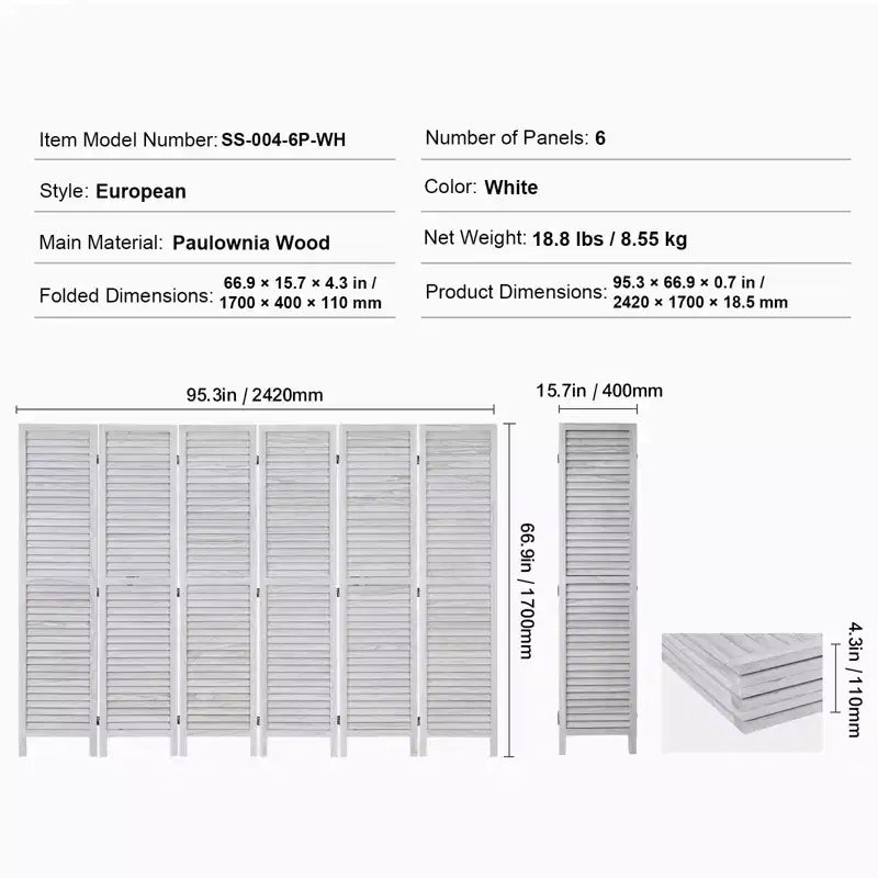 Paravent en bois VEVOR, paravent pliant en bois à 6 panneaux, paravent décoratif portable en bois à persiennes de 170 cm de haut pour l'intérieur