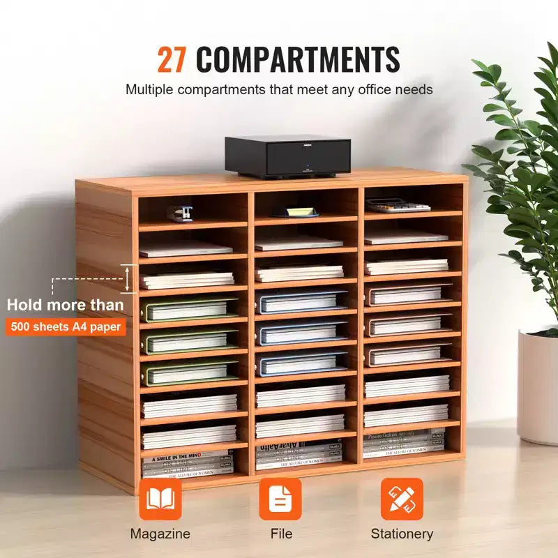 VEVOR Organisateur de documents en bois à 27 compartiments, étagères réglables, centre de courrier en panneau de fibres à densité moyenne, rangement pour bureau, maison, école, blanc