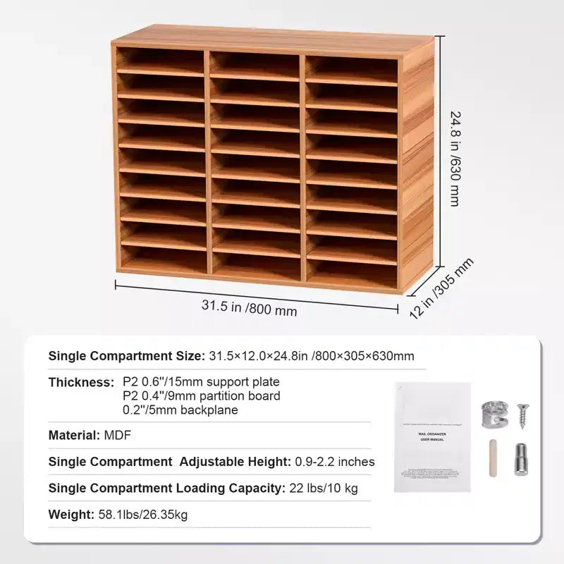 VEVOR Organisateur de documents en bois à 27 compartiments, étagères réglables, centre de courrier en panneau de fibres à densité moyenne, rangement pour bureau, maison, école, blanc