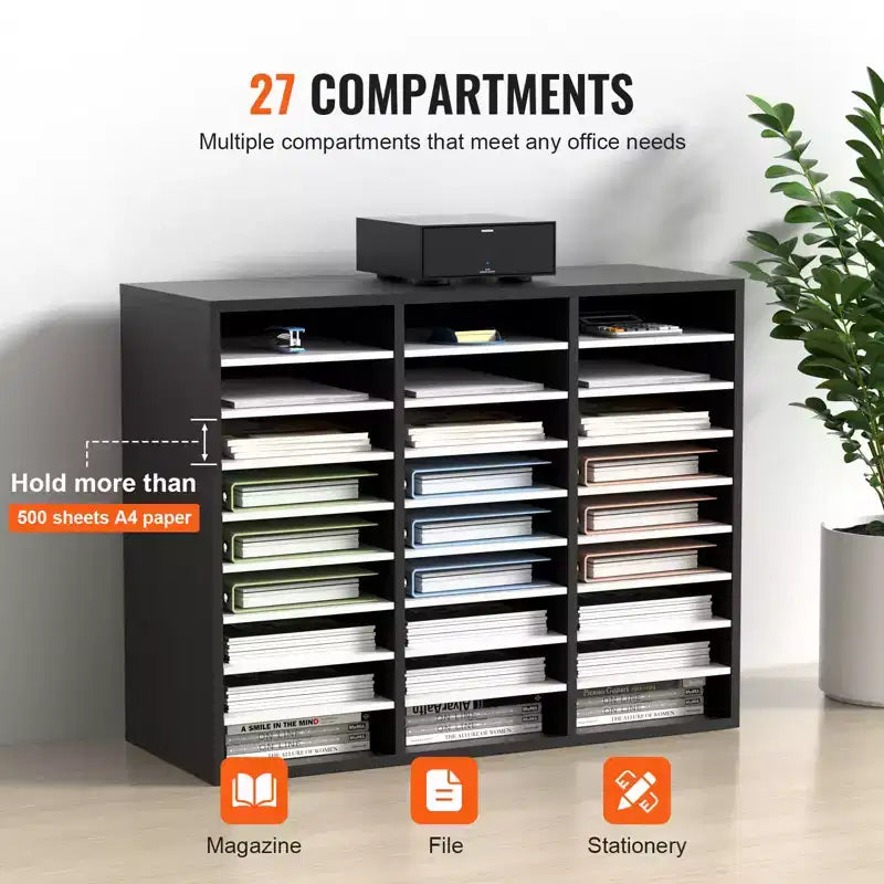 VEVOR Trieur de documents en bois à 27 compartiments, étagères réglables, centre de courrier en panneau de fibres à densité moyenne, rangement pour bureau, maison, école, noir+blanc