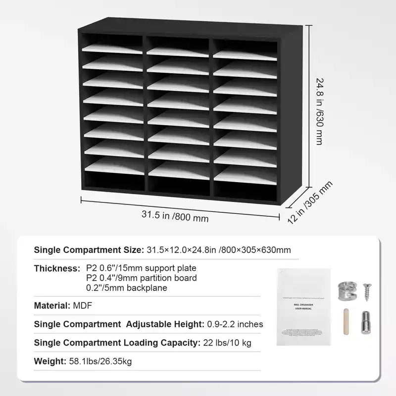VEVOR Trieur de documents en bois à 27 compartiments, étagères réglables, centre de courrier en panneau de fibres à densité moyenne, rangement pour bureau, maison, école, noir+blanc