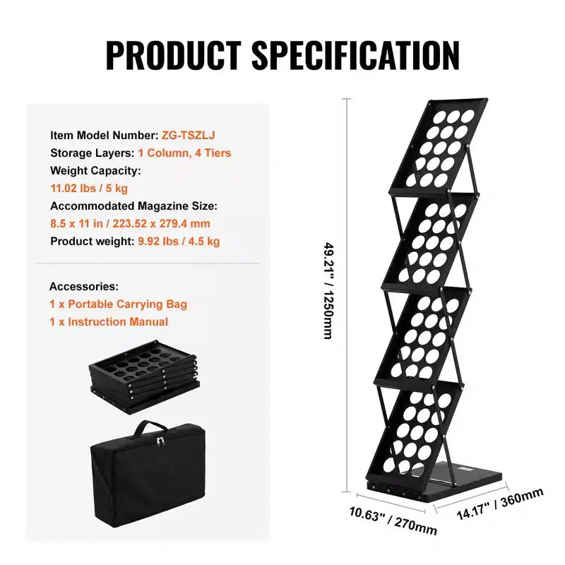 Présentoir pliant pour magazines VEVOR, présentoir de documentation à 4 niveaux, support de brochure portable avec sac de transport, 4 poches