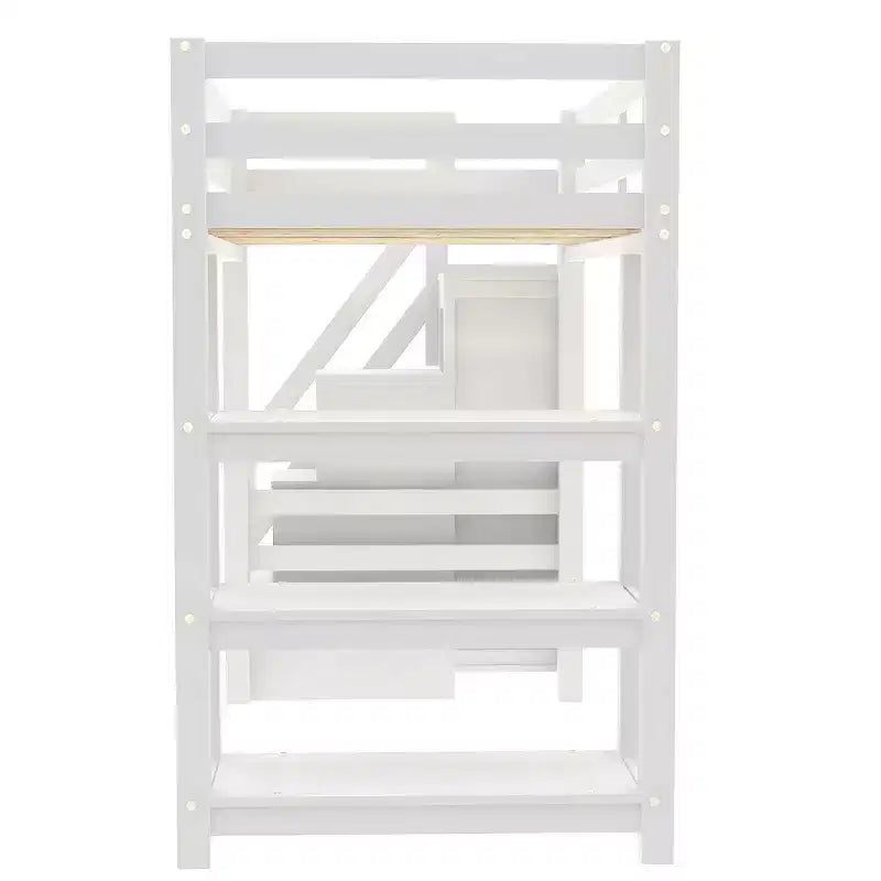 Lit mezzanine double/grand format avec étagères, escalier de rangement, petite armoire et lumière LED blanche, blanc - ModernLuxe