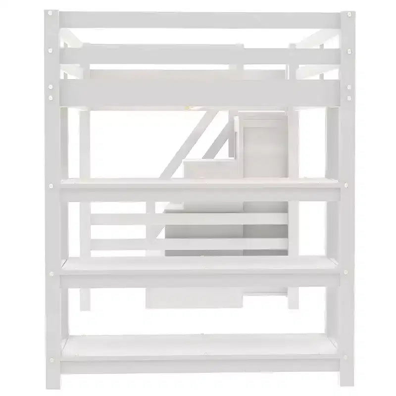 Lit mezzanine double/grand format avec étagères, escalier de rangement, petite armoire et lumière LED blanche, blanc - ModernLuxe