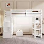 Lit mezzanine double/grand format avec étagères, escalier de rangement, petite armoire et lumière LED blanche, blanc - ModernLuxe
