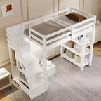 Lit mezzanine double/grand format avec étagères, escalier de rangement, petite armoire et lumière LED blanche, blanc - ModernLuxe
