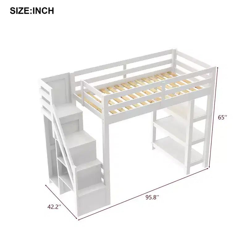 Lit mezzanine double/grand format avec étagères, escalier de rangement, petite armoire et lumière LED blanche, blanc - ModernLuxe
