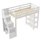 Lit mezzanine double/grand format avec étagères, escalier de rangement, petite armoire et lumière LED blanche, blanc - ModernLuxe
