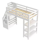 Lit mezzanine double/grand format avec étagères, escalier de rangement, petite armoire et lumière LED blanche, blanc - ModernLuxe