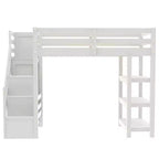 Lit mezzanine double/grand format avec étagères, escalier de rangement, petite armoire et lumière LED blanche, blanc - ModernLuxe