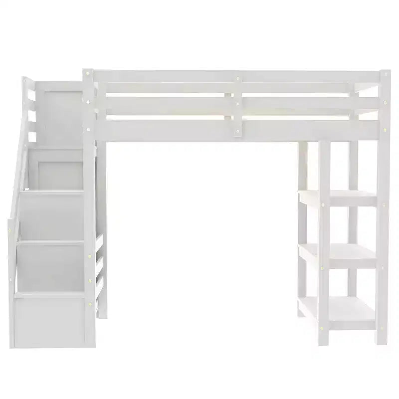 Lit mezzanine double/grand format avec étagères, escalier de rangement, petite armoire et lumière LED blanche, blanc - ModernLuxe